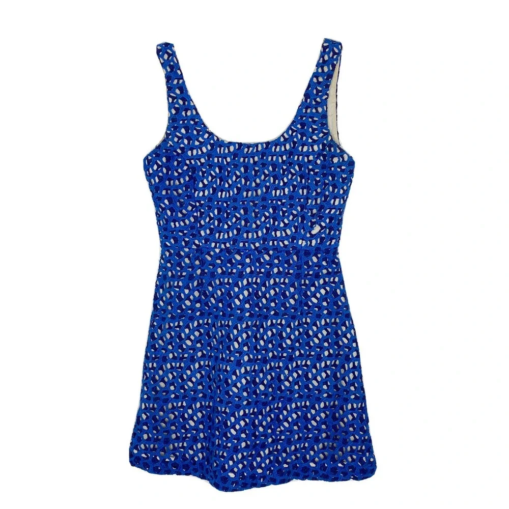 French Connection Blue Crochet A-Line Dress Women's Blue Crochet Colorful Sz 0 - Picture 1 of 5